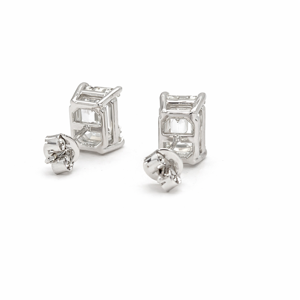 3+ carats Emerald Cut Diamond Stud Earrings - 14K White Gold - IGI certified