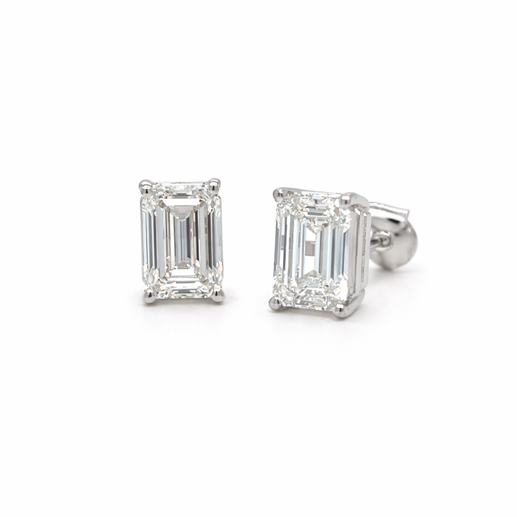 3+ carats Emerald Cut Diamond Stud Earrings - 14K White Gold - IGI certified